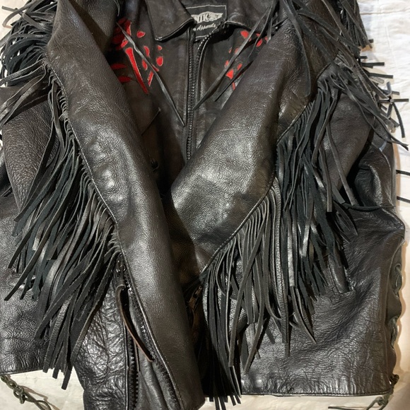 EXTREMELY HEAVY BULL SKIN Black Leather Jacket with Red Suede Roses as Accents - Picture 2 of 16